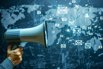 A hand holding a megaphone against an abstract blue backdrop with map and letter icons. Concept of e-mail marketing