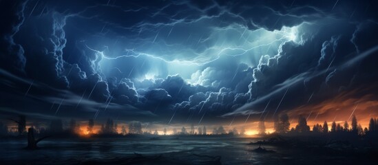 A thunderstorm is brewing over the citys night sky, with dark clouds gathering and winds picking...