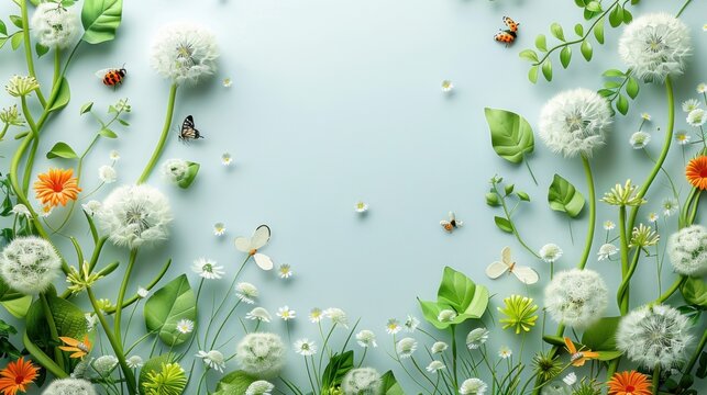 Fototapeta A creative flat lay of green leaves and white flowers, embellished with whimsical 3D dandelions and playful insects on a soft green background, evoking a springtime. Place for text