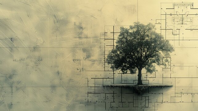 A tree with branches that grow into architectural blueprints