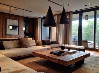 Modern living room with natural wood coffee table, beige sofa and textured curtains in the...