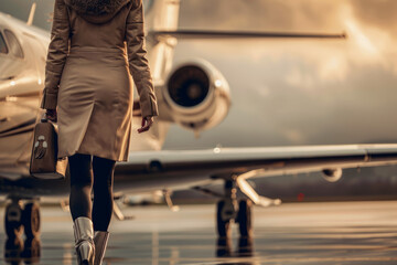 A wealthy woman walking towards her private jet at an airport - obrazy, fototapety, plakaty