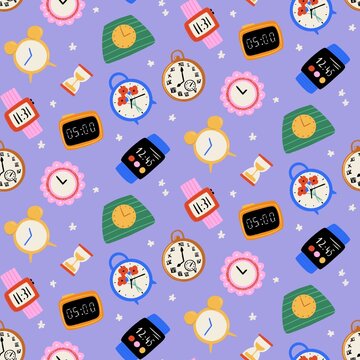 Clock, watch, hour, concept of time. Seamless pattern illustration