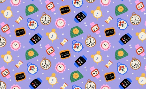 Clock, watch, hour, concept of time. Seamless pattern illustration