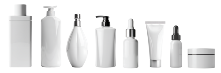 Collection set of white blank cosmetic skincare container tube packaging dispenser bottle on transparent background cutout, PNG file. Many different design Mockup template for artwork