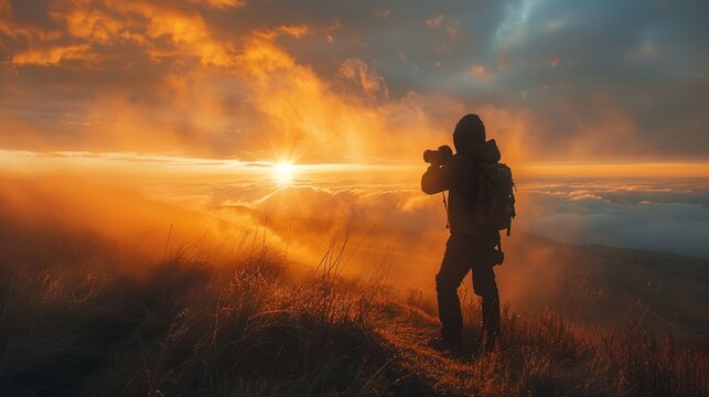 A man is standing on a hill with a camera, taking a picture of the sunset. The sky is orange and the clouds are white. The man is wearing a backpack and he is a photographer
