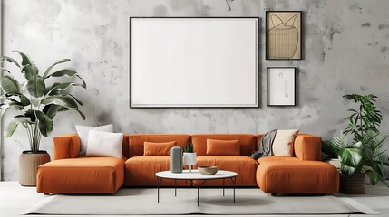 living room interior with mock up poster frame orange sofa beige commode coffee table and stylish personal accessories
