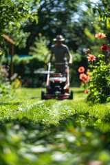 Mowing the lawn in a lush green garden