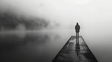 A man stands on a pier in front of a body of water. The sky is overcast and the water is foggy. The scene is quiet and peaceful - obrazy, fototapety, plakaty