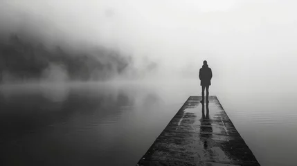  A man stands on a pier in front of a body of water. The sky is overcast and the water is foggy. The scene is quiet and peaceful © Rattanathip