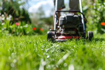 Mowing the lawn in a lush green garden