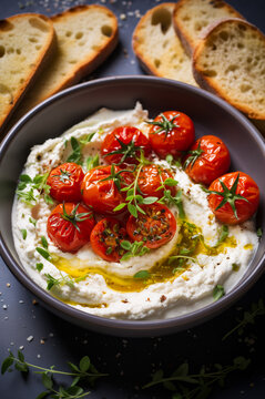 Gourmet whipped feta and roasted tomatoes appetizer. A flavorful delight with olive oil and fresh herbs in a dark ceramic bowl, served with toasted bread slices on the side. Vertical, top view.