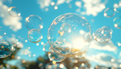 Several small bubbles floating in the blue sky, minimalist style, generative ai