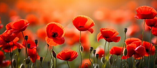Obraz premium A beautiful field of red poppies, a flowering plant, growing in the grass, creating a stunning natural landscape with vibrant petals