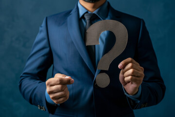 A businessman showing a larger question mark on a blue backdrop. The answers to the questions - obrazy, fototapety, plakaty