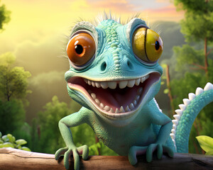 Funny cartoon chameleon with big eyes on the nature background