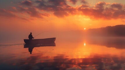 A man is fishing in a boat on a lake. The sky is orange and the sun is setting
