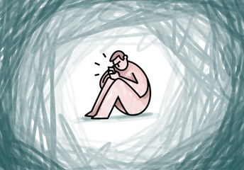 a man using mobile and surrounded by loneliness and darkness