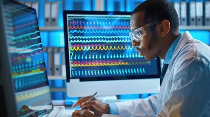 Scientist analyzing dna data on computer in laboratory