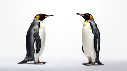 Two penguins facing each other on a white background.