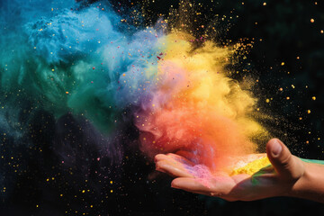 A magical explosion of rainbow-colored powder from a cupped hand, creating a vibrant dust cloud in...