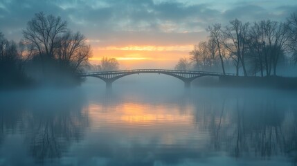 A bridge over a foggy river with a beautiful sunset in the background. The bridge is surrounded by trees and the water is calm