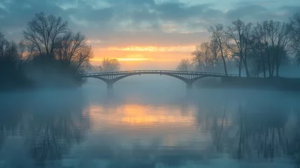 Foto op Canvas A bridge over a foggy river with a beautiful sunset in the background. The bridge is surrounded by trees and the water is calm © Rattanathip