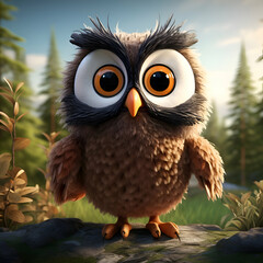 Fototapeta premium Owl with big eyes in the forest. 3d illustration.
