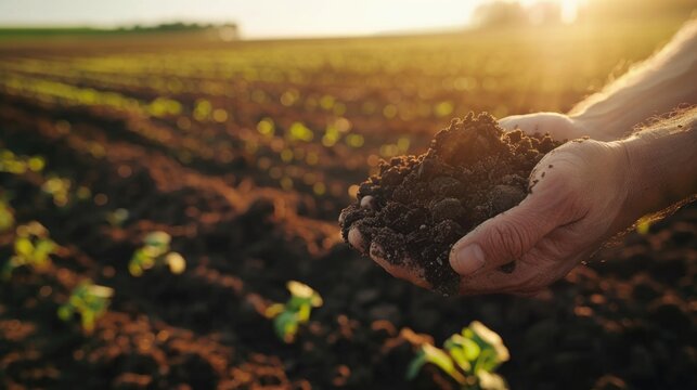 soil in the hands of the farmer. agriculture. close-up of farmers hands holding sun black soil in their hands, fertile land. garden field ground fertile concept. worker holding soil plowed field
