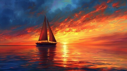 A sailboat is sailing on a calm ocean at sunset. The sky is filled with vibrant colors, creating a serene and peaceful atmosphere