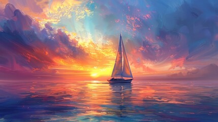 A sailboat is sailing on a calm ocean with a beautiful sunset in the background. The painting has a serene and peaceful mood, with the colors of the sunset reflecting on the water
