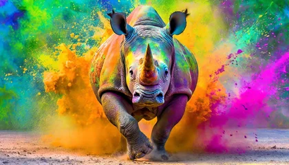 Poster Rhinoceros runs and stirs up colorful vibrant colors. © jozsitoeroe