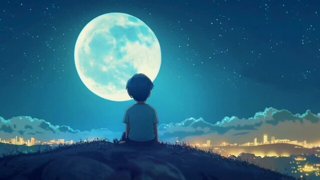 Night time young boy sitting on the top of the hill at night, look at the moon and the city lights. Break time, anime style, lofi aesthetic, vaporwave. Looping animation, perfect for beats.