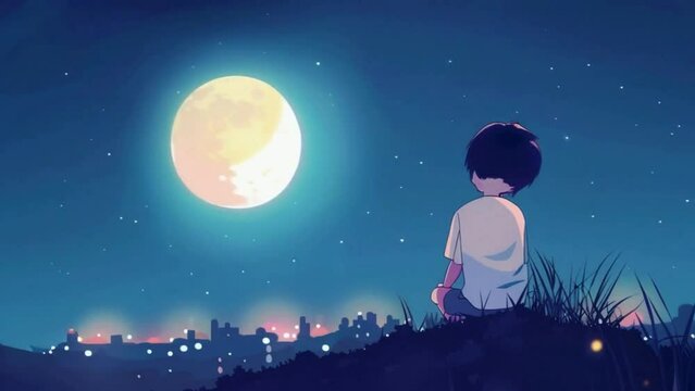 2D flat animation, young boy sitting on the top of the hill at night, look at the moon and the city lights. Break time, anime style, lofi aesthetic, vaporwave. Looping animation, perfect for beats.