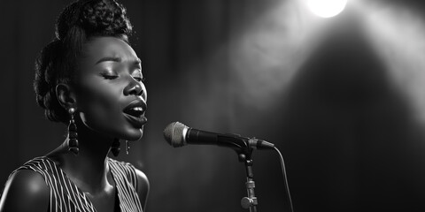 Black and white portrait of a female jazz singer performing passionately into a microphone with a...
