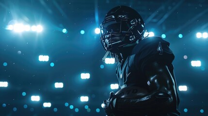 American football sportsman player on stadium with lights on black background