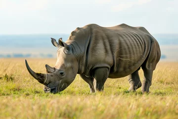 Fotobehang A rhino is eating grass in a field © mila103