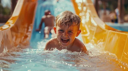 Foto op Canvas Cheerful blue-eyed kid on a water slide in the water park, a little boy merrily slides into the water along the slide in the amusement park, rest with children in the water park © romanets_v