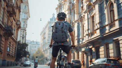 cyclist with a backpack while riding in the city on an exorbitant bike. Man in sportswear and a...