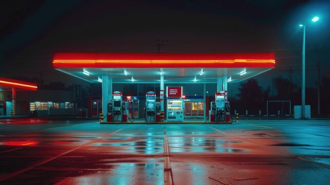 Petrol gas station station at night with lights on and mini-mart