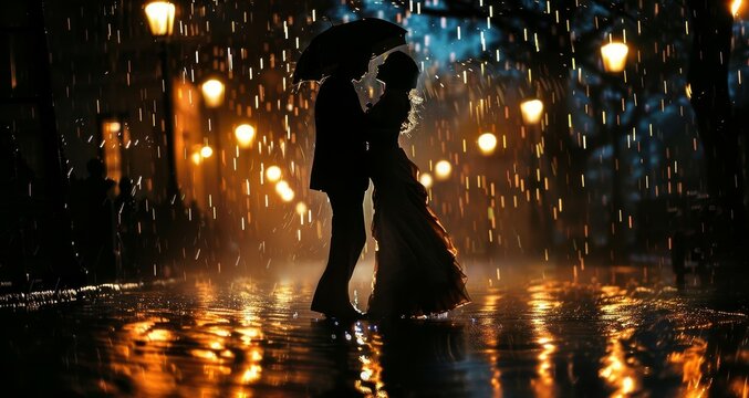A couple is kissing under an umbrella in the rain. The image has a romantic and intimate mood