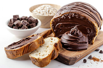 Bread with chocolate cream against a white backdrop, with ingredients