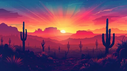 A desert landscape with a sunset in the background. The sun is setting behind a mountain range. The sky is filled with a variety of colors, including red, orange, and purple - obrazy, fototapety, plakaty