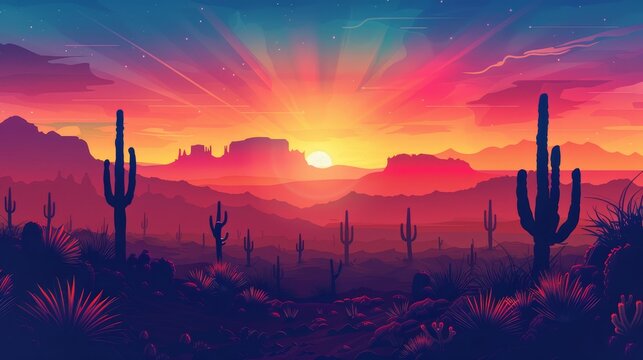 A desert landscape with a sunset in the background. The sun is setting behind a mountain range. The sky is filled with a variety of colors, including red, orange, and purple