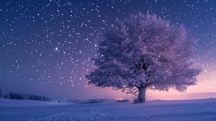 A tree with purple leaves stands in a snowy field at night. The sky is filled with stars, creating a serene and peaceful atmosphere