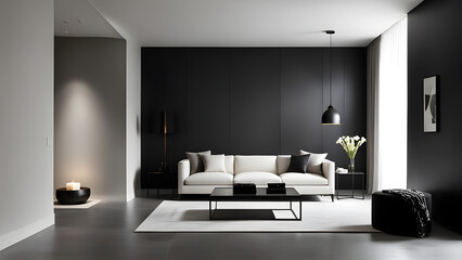 An image of an interior living room space with black as the main color and a sofa placed there. Generative AI.