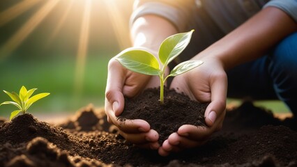 World soil day concept: Human hands holding seed tree with soil on blurred agriculture field background