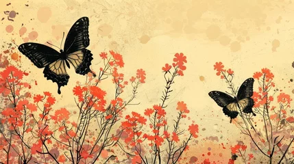 Papier Peint photo Papillons en grunge Two butterflies are flying in a field of flowers. The butterflies are black and white and are surrounded by red flowers. The image has a peaceful and serene mood