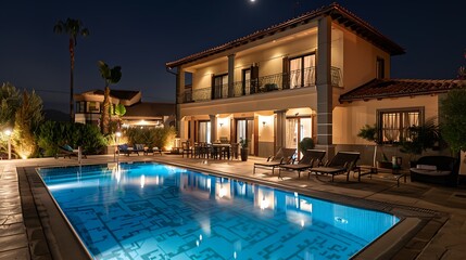 Fototapeta na wymiar Luxury villa with swimming pool and patio furnitures at night