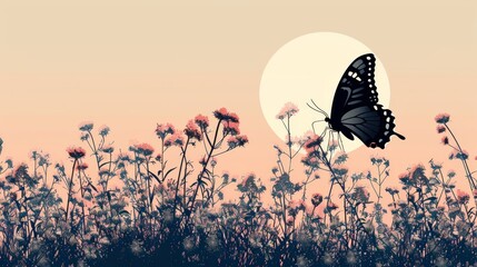 A butterfly is flying in a field of flowers. The sky is a light blue color with a large, round moon in the background. Scene is peaceful and serene, as the butterfly flutters through the flowers